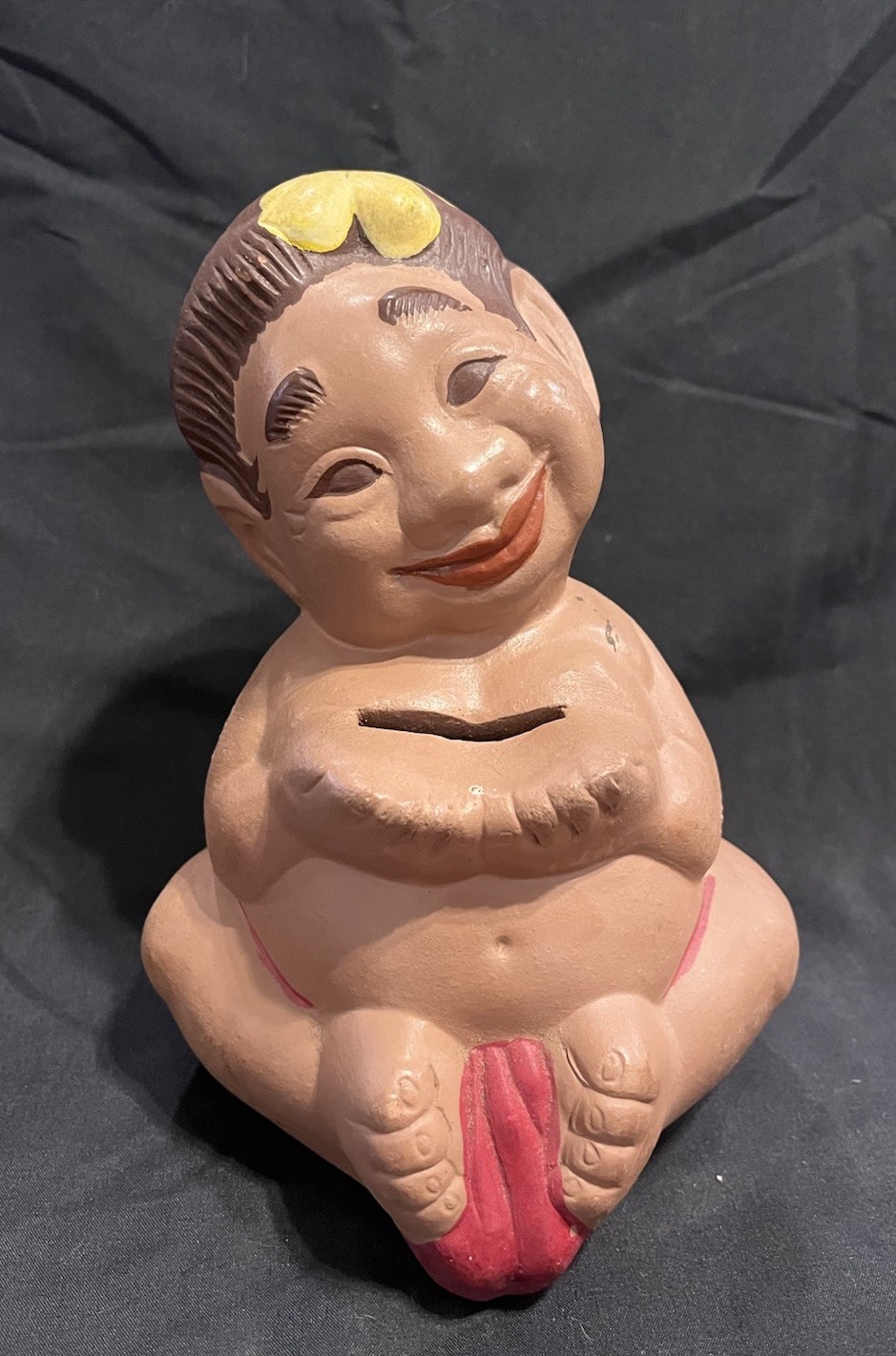 Vintage 1950s Bank of Hawaii Menehune Clay Coin Piggybank Original Felt 7.5”