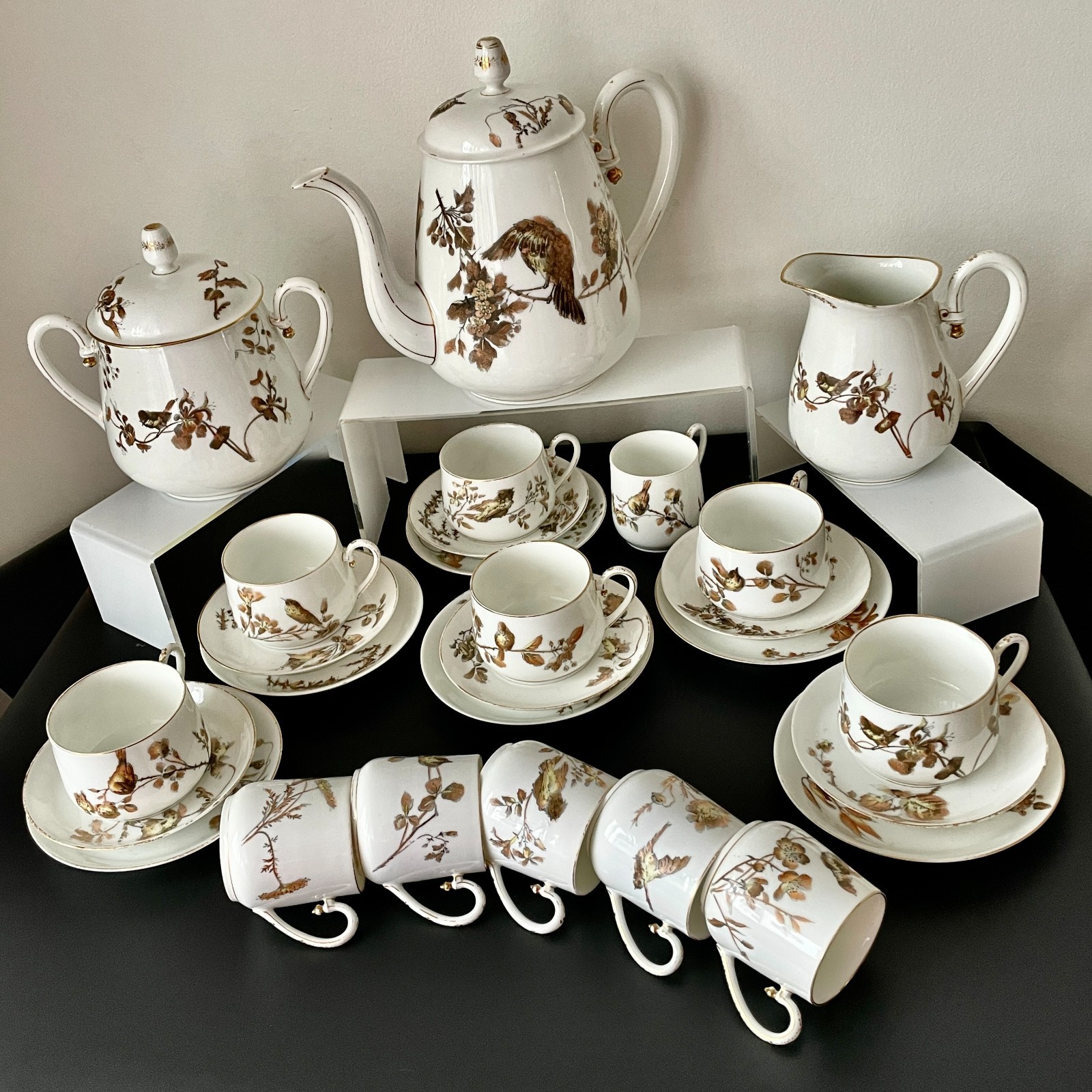 ANTIQUE W.GUERIN & CIE LIMOSES PORCELAIN TEA& COFFEE SET FOR 6 PARIS C 1900\'S