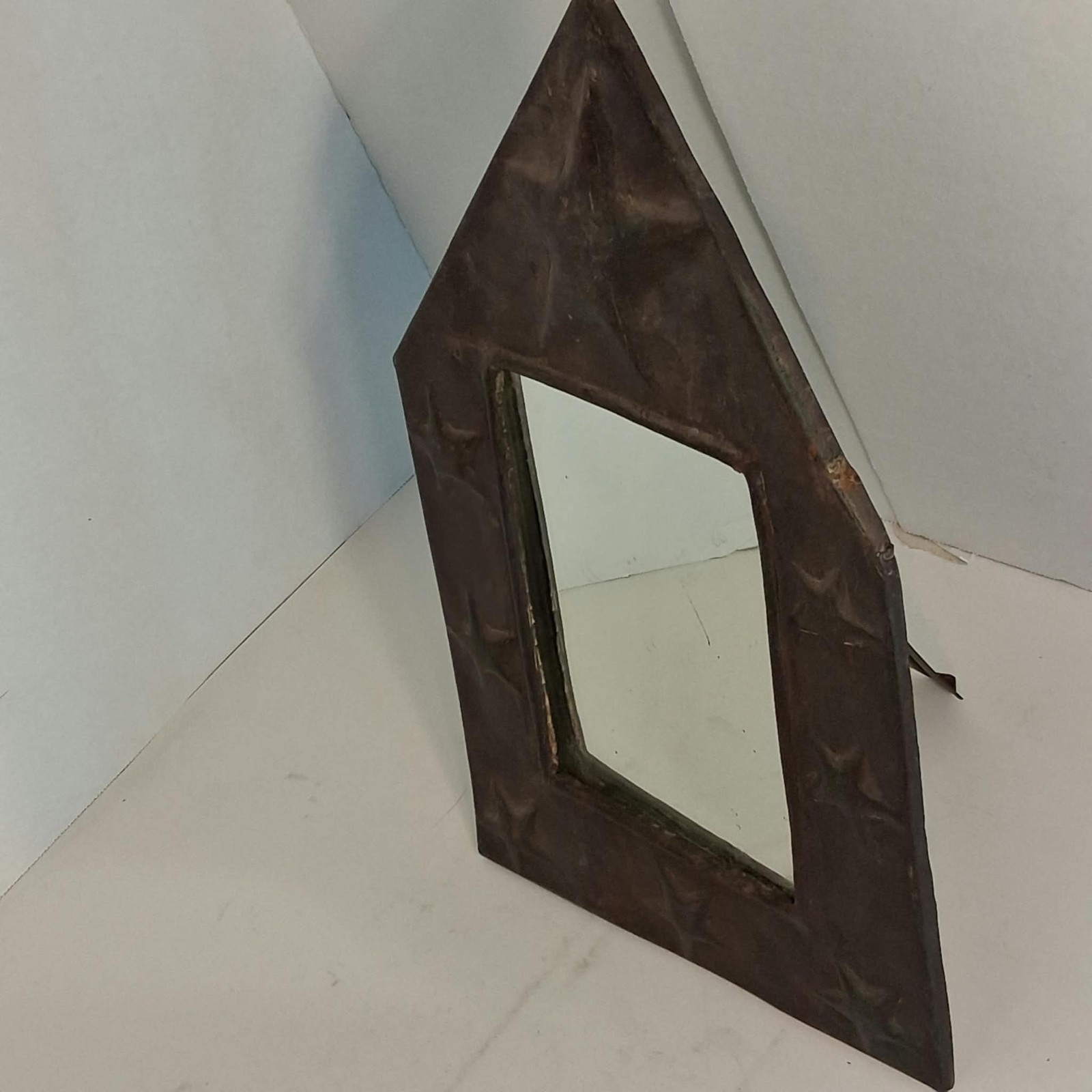  Vintage Mexican Tin Mirror Punched Star Barn Profile Folk Art Vanity Wall Easel
