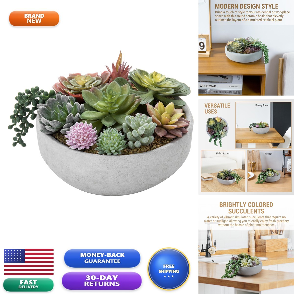 MyGift 8in Round Artificial Succulent Plants Gray Concrete Bowl DECO1202GRY