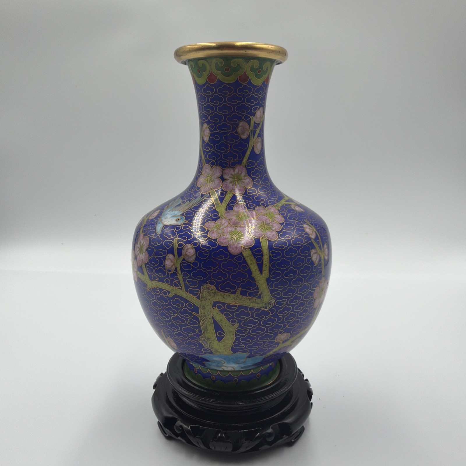 Pristine Vintage Chinese Cloisonne Vase Cobalt Blue Cherry Blossom Enamel 1970s
