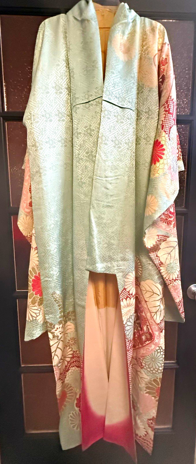 Beautiful vintage powder blue silk Furisode kimono with pink red embroidery
