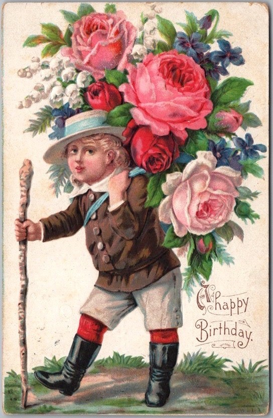 Vintage 1909 HAPPY BIRTHDAY Embossed Postcard Boy w/ Giant Rose Bouquet on Back