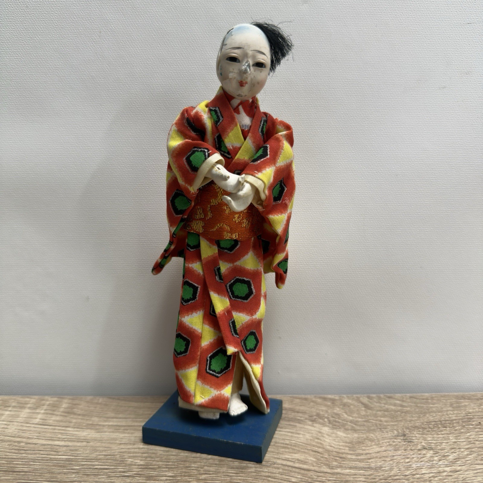 Vtg Japanese Gofun Doll Ichimatsu Ningyo Boy Red Kimono Wood Base Japan 7\