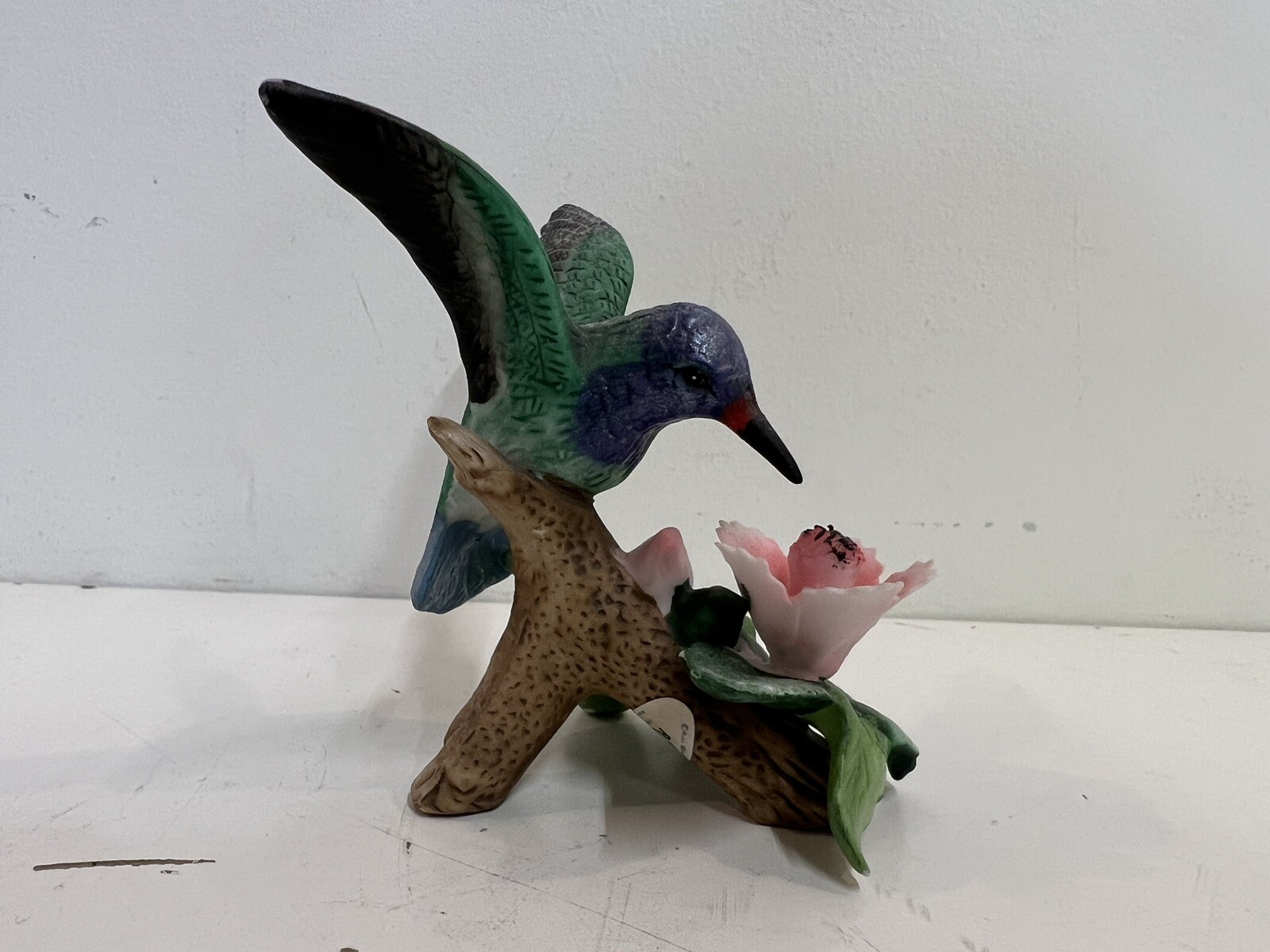 Vintage Allen’s Hummingbird Porcelain on Branch with Pink Flowers