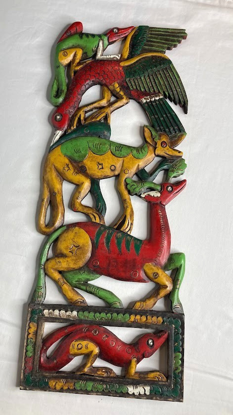 Balinese Indonesian-Style Folk Art Hand Carved & Painted Wood Wall Plaque 8x19.5