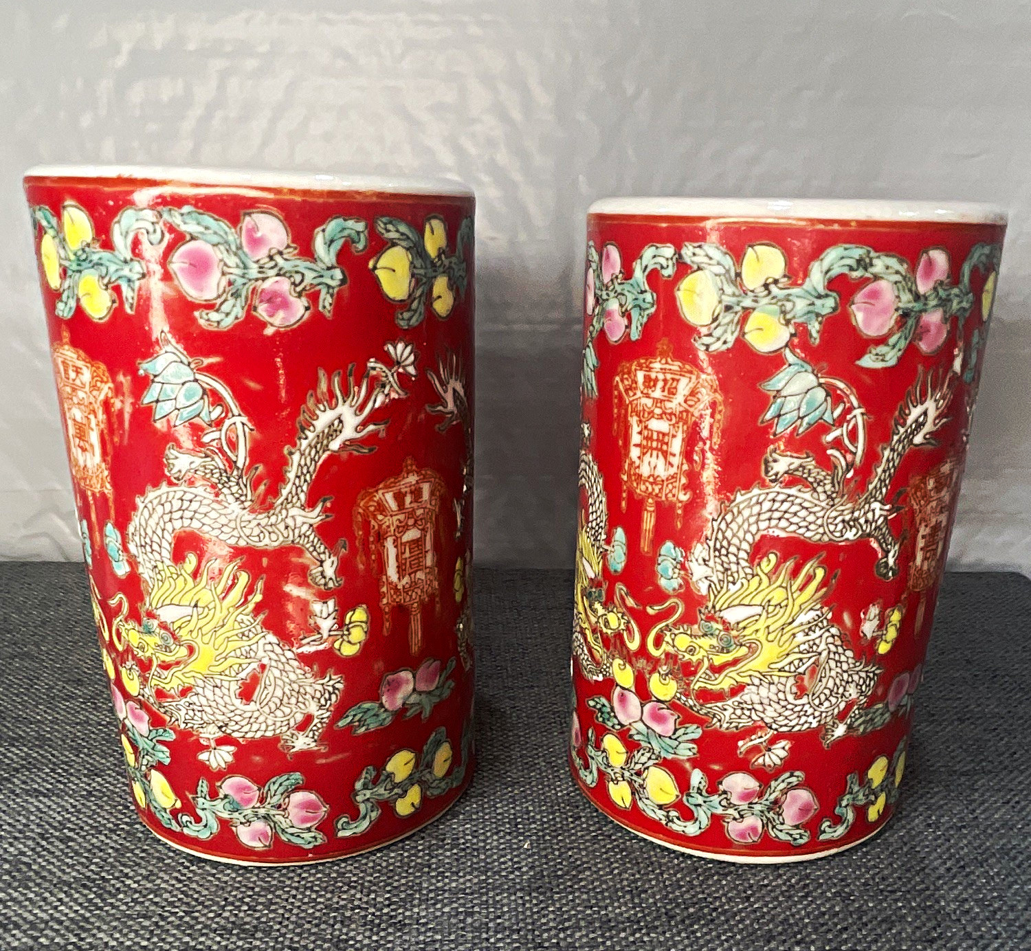 Vintage Pair Chinese Porcelain Brush Pots Jiangxi Ancient Kiln Dragon Red 5”