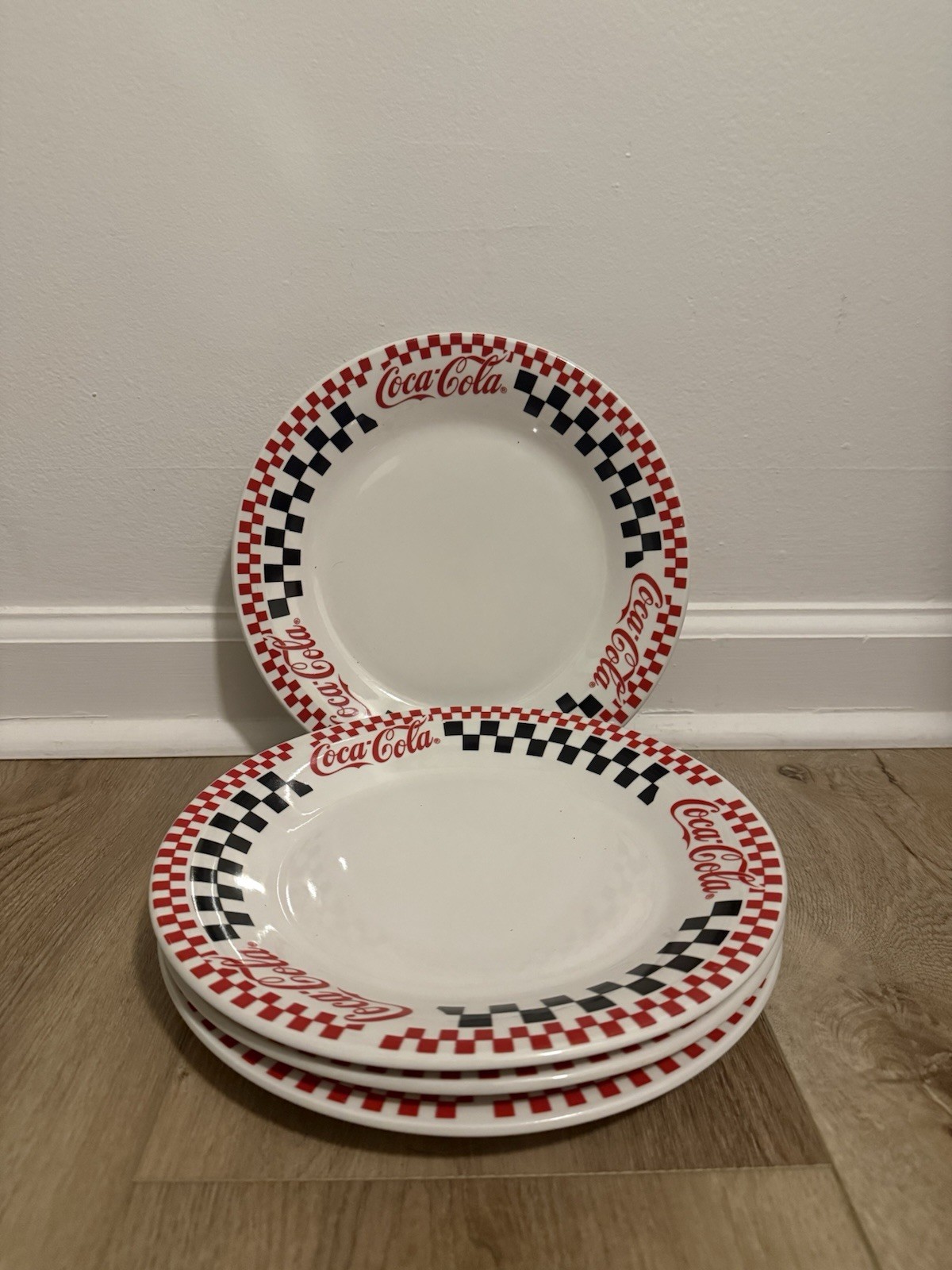 4 Coca-Cola Checkered Dinner Plates Red Black Retro Diner 10.5” Gibson Vtg 1996