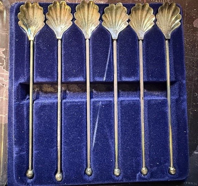 6 Winthrop Silver Plate Shell Spoon Sipper Straws, Mid Century Vintage