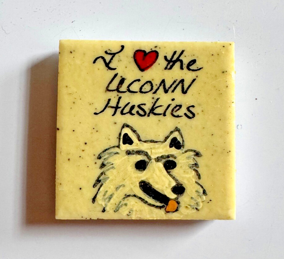 Vintage 1980's Artisan Refrigerator Magnet UCONN Huskies Ceramic Tile Painted
