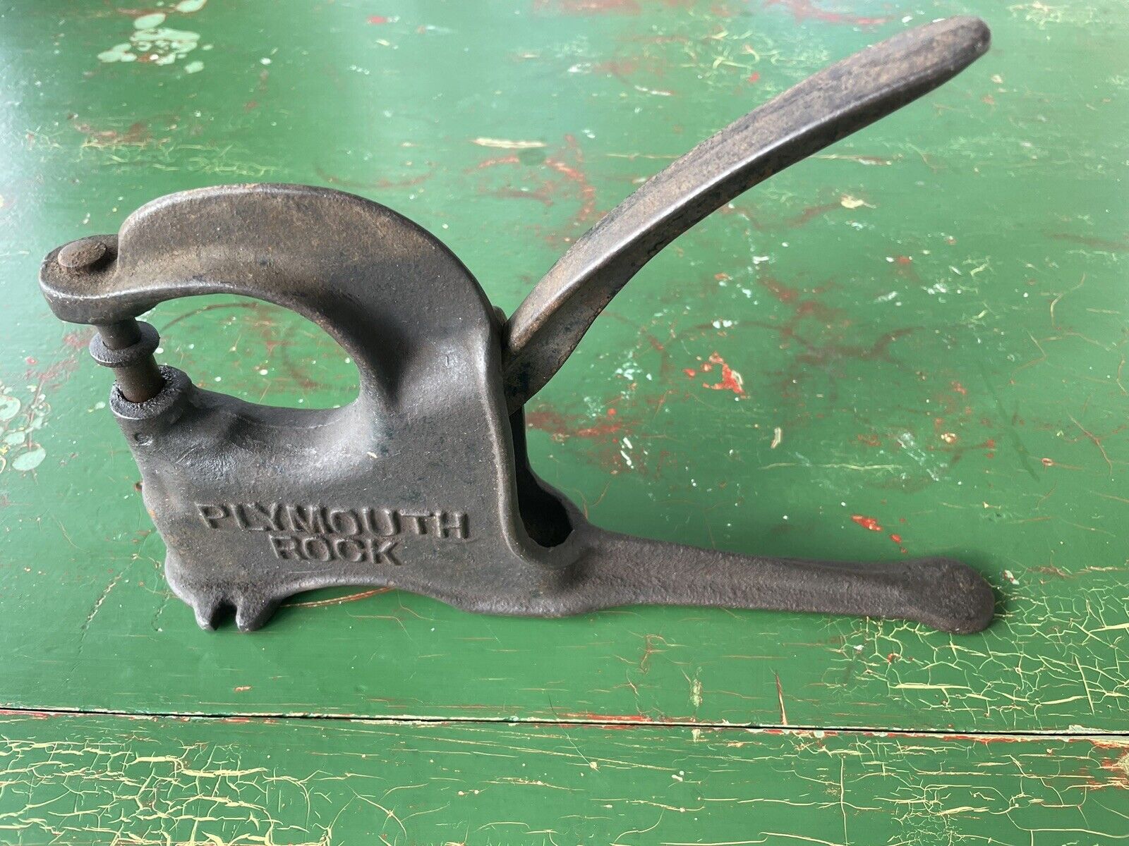 Vtg Antique Plymouth Rock Riveter Cast Iron, Leather Work, Handle Works Smoothly