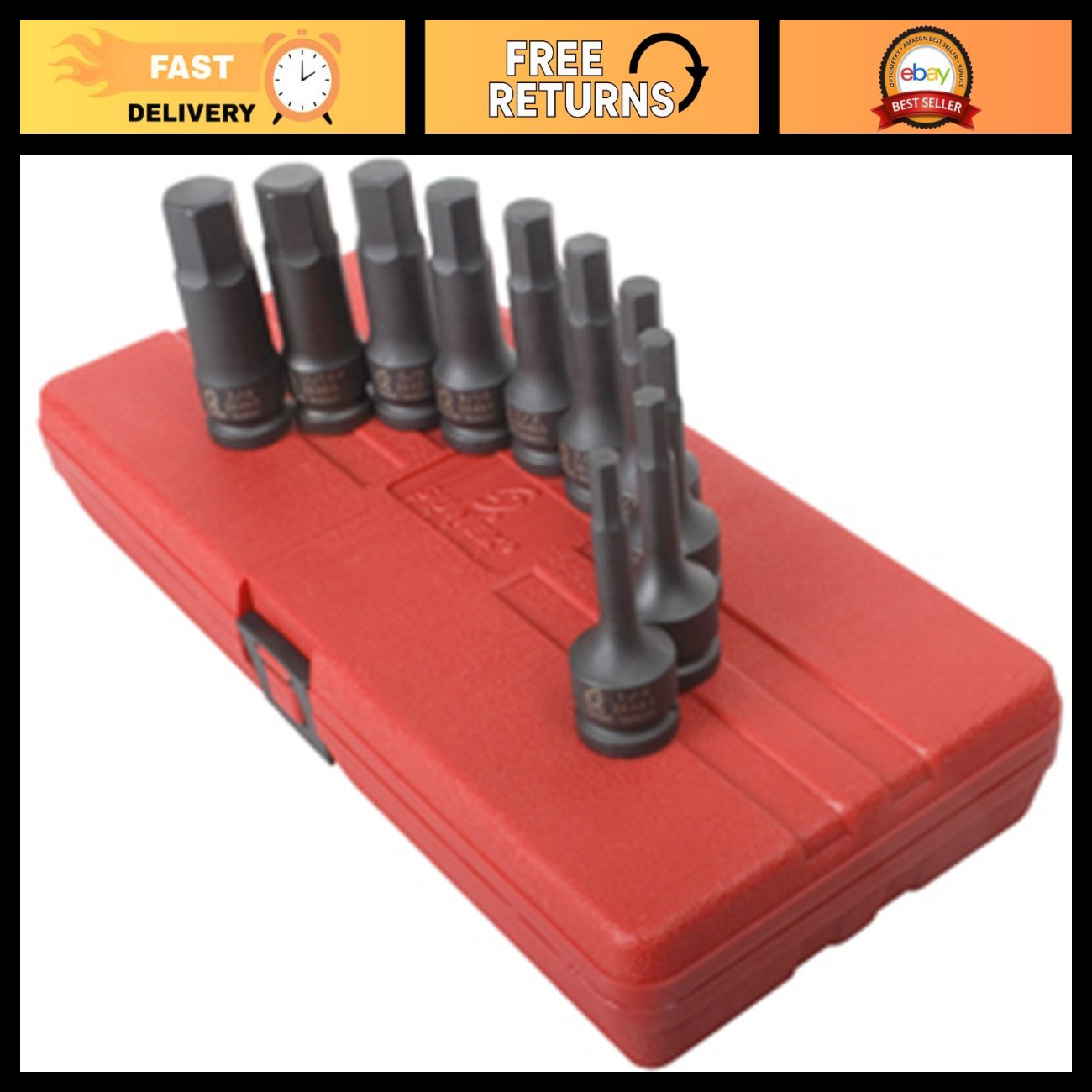 SUNEX TOOLS 2638 1/2-Inch Drive SAE Impact Hex Driver Set, 10 Piece