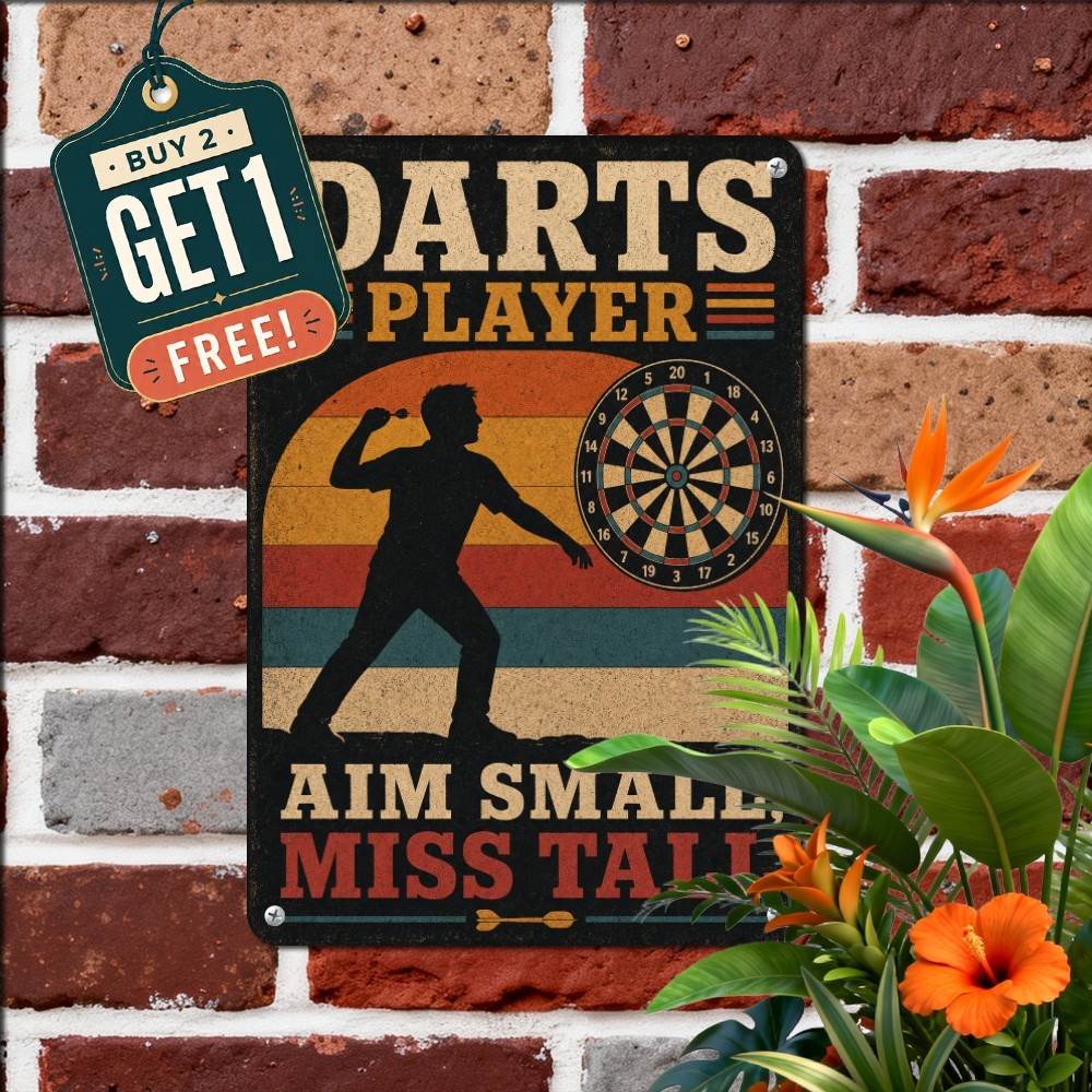 Retro Dart Player Tin Sign Vintage Game Room Pub Lounge Metal Wall Art Plaque