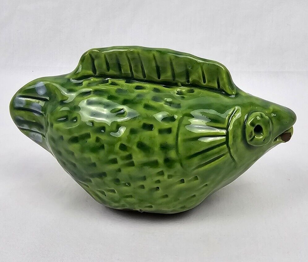 Vintage Pottery Solid Ceramic Fish Green Heavy Piece Over 1 Lb. Glaze