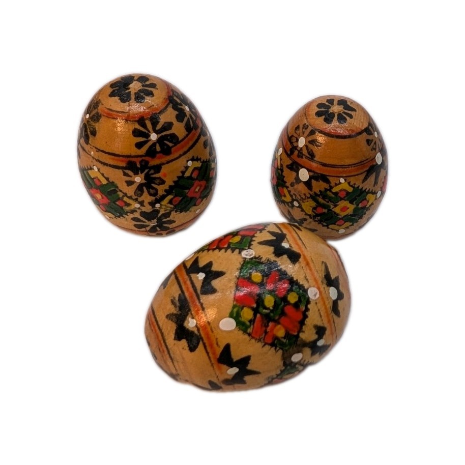  VTG Hand Painted Pysanky Ukrainian Wood Eggs Lot/3 Folk Art Traditional 1.75\