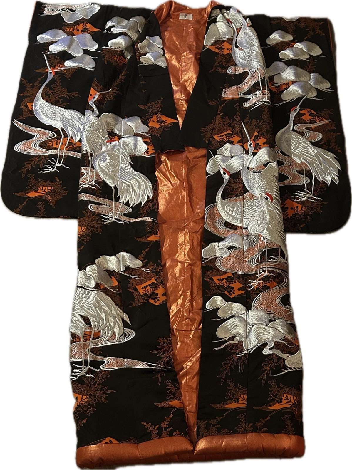 Vintage Japanese Kimono w/ Embroidered Crane ~ Black & Orange ~ 6 Ft Long