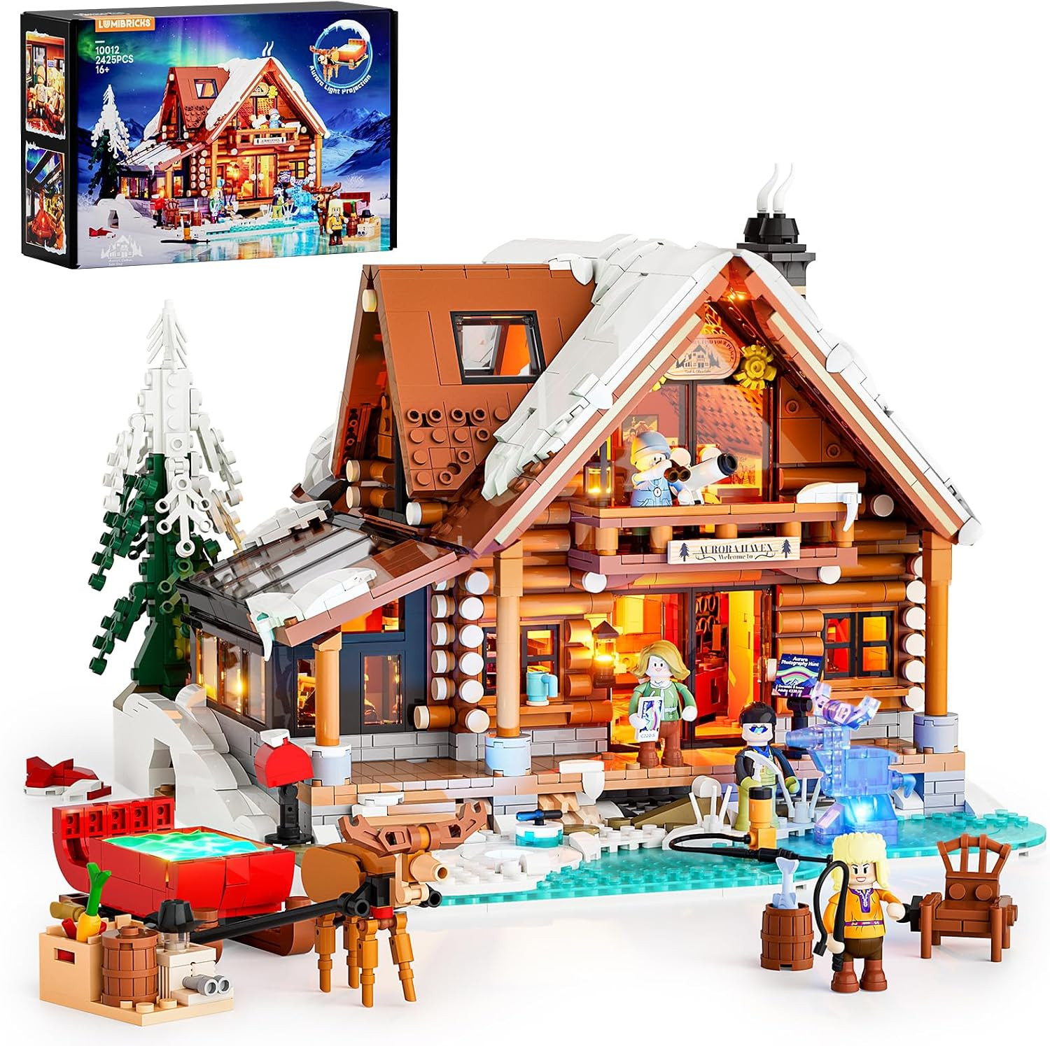 Aurora-Cabin Christmas Lighting-Building-Bricks Set - 2425 Pcs Retro House Winte