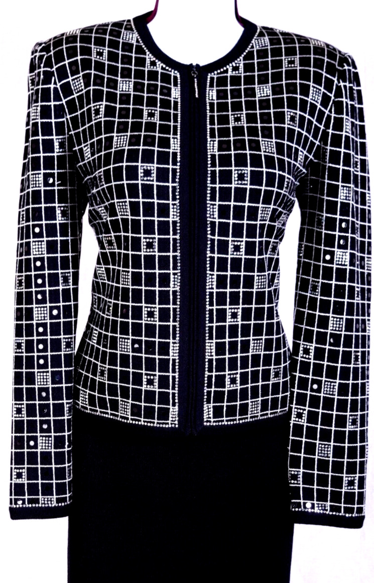 ST.JOHN Women\'s Knit Black Silver Sequins Studs Rhinestone Trim Jacket Sz 8