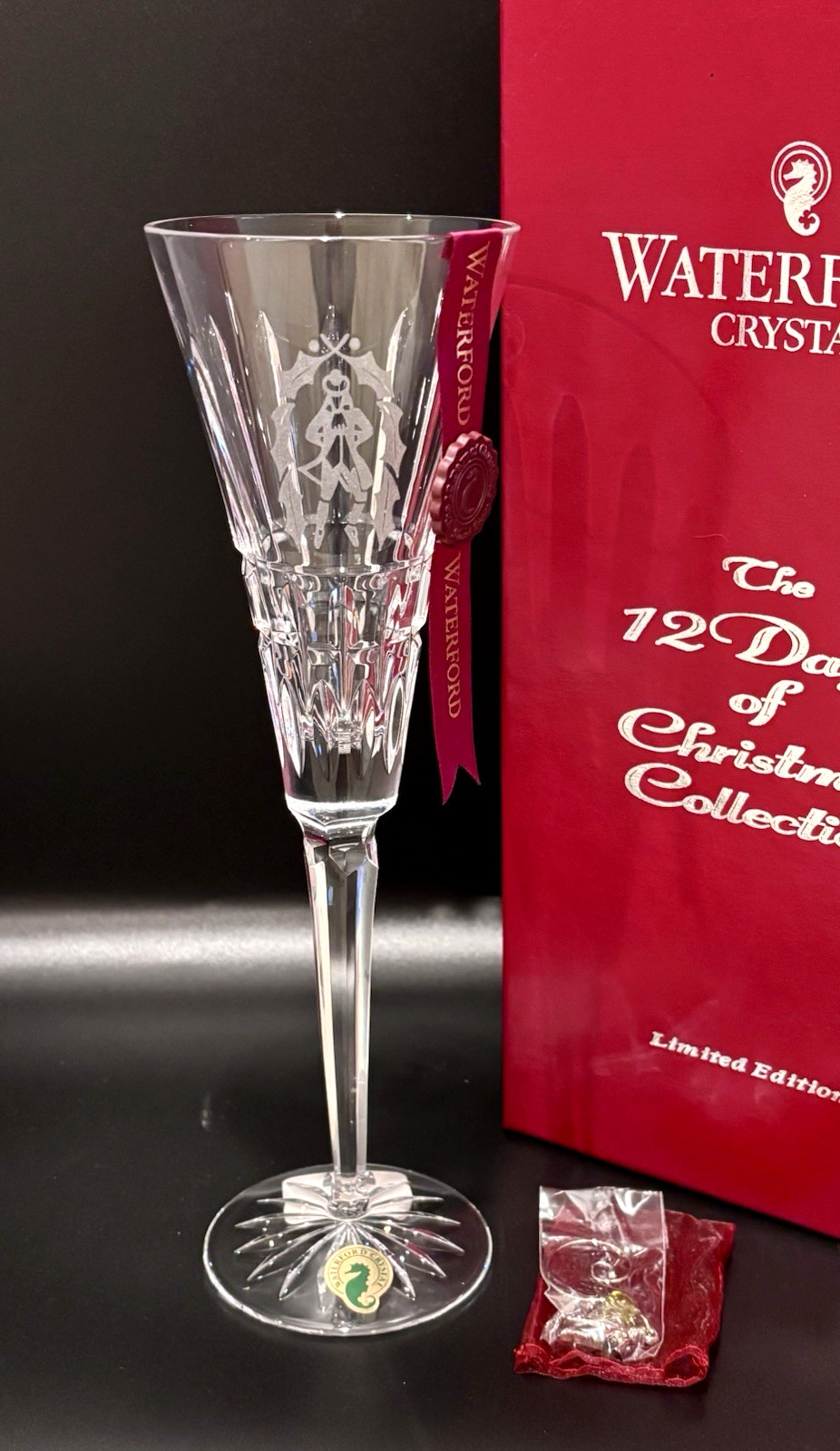 Waterford Crystal 12 Days of Christmas Champagne Flute 10 Lords Leaping w/ Charm