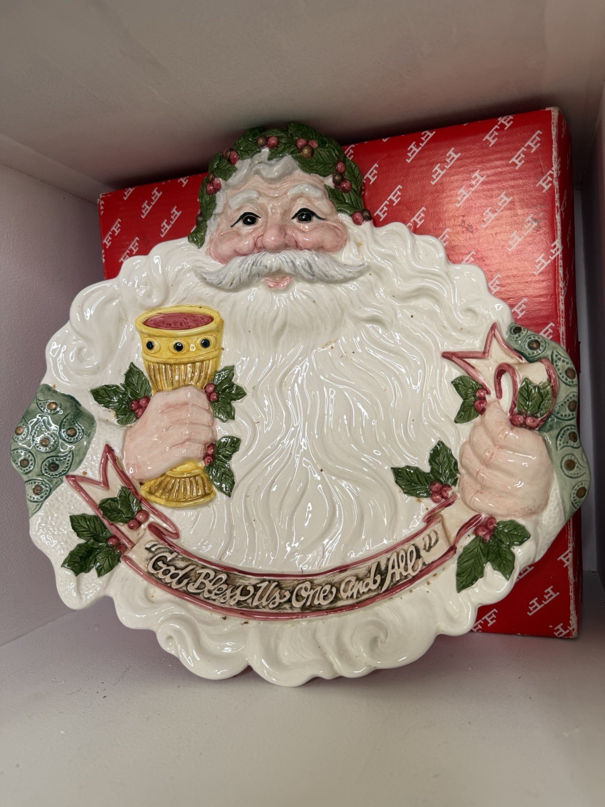 Vintage Fitz & Floyd 1993 Santa Platter God Bless Us One and All Christmas
