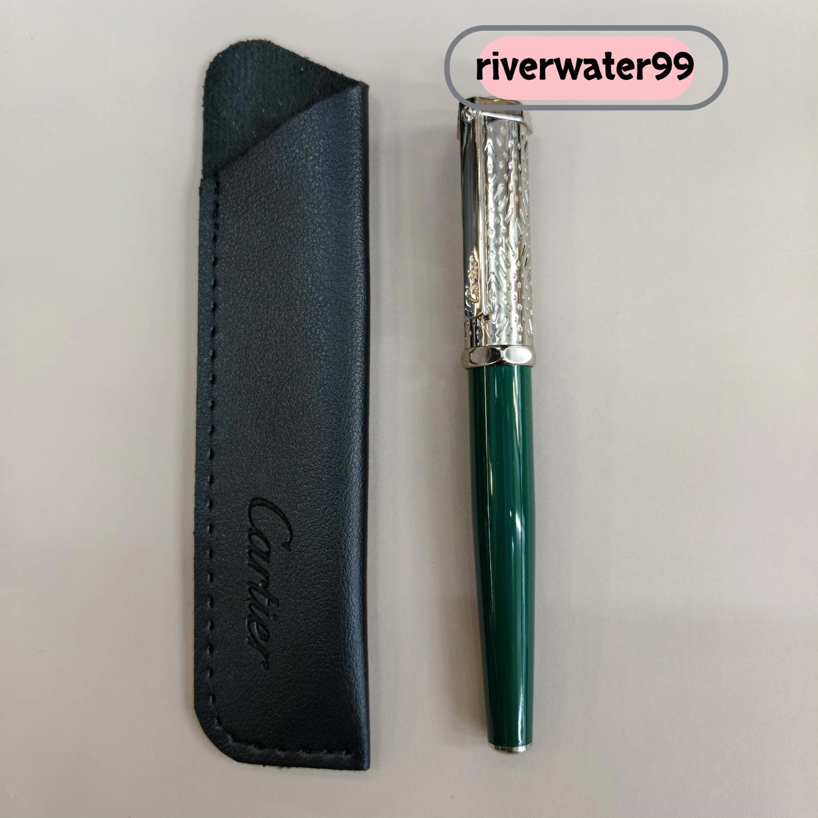 Cartier Emerald Resin Silver Clip Ballpoint Pen Deluxe Gift Set