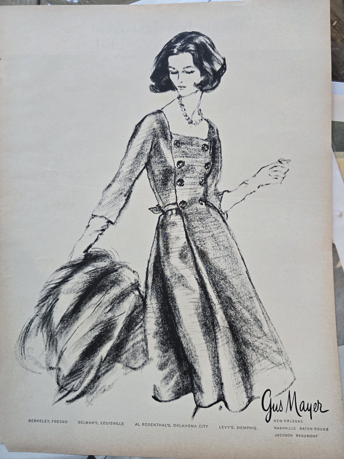 1964  Women's Gus Mayer Dress Fur Vintage fashion Art ad