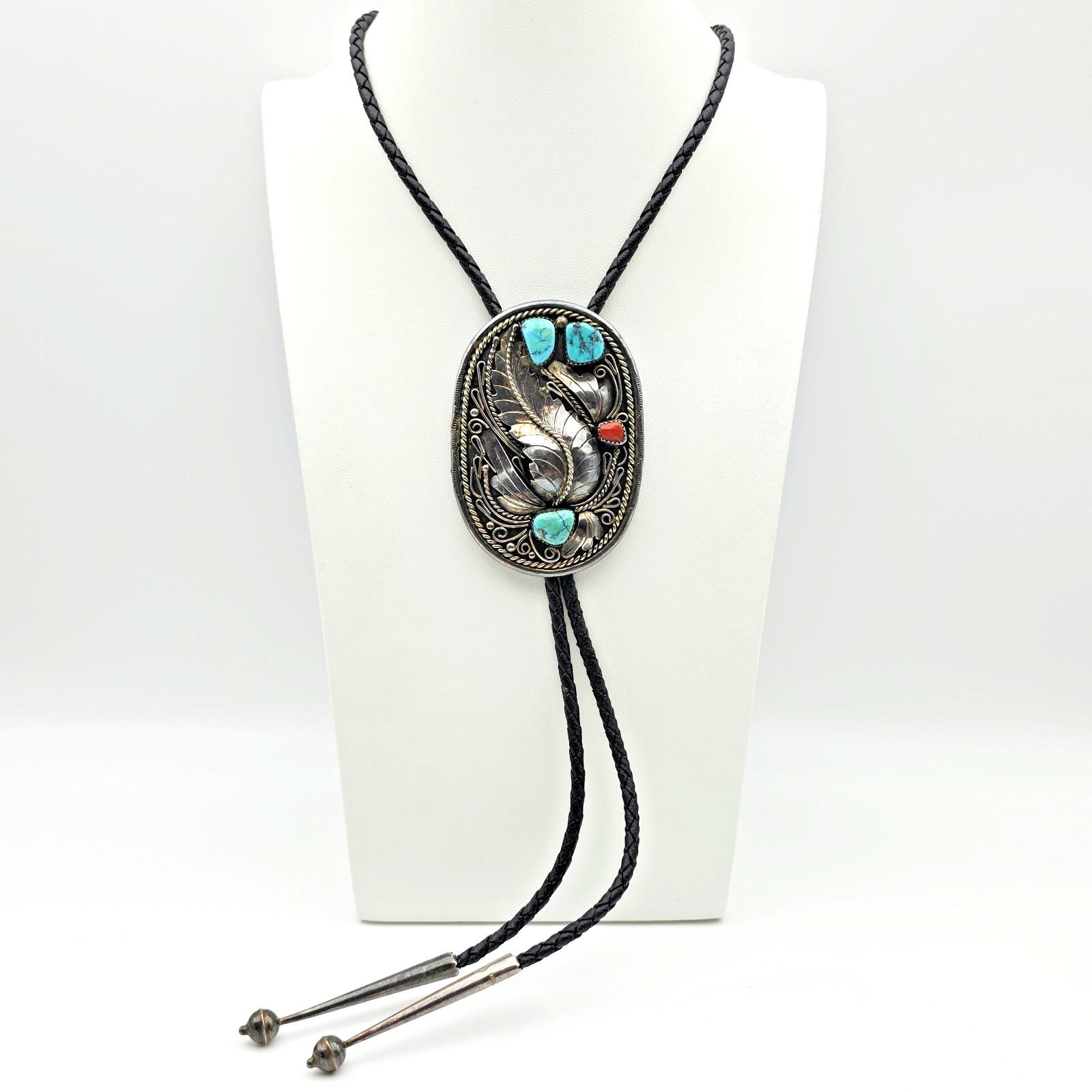 Vintage Native American Navajo Sterling Silver Bolo Tie Turquoise & Coral \