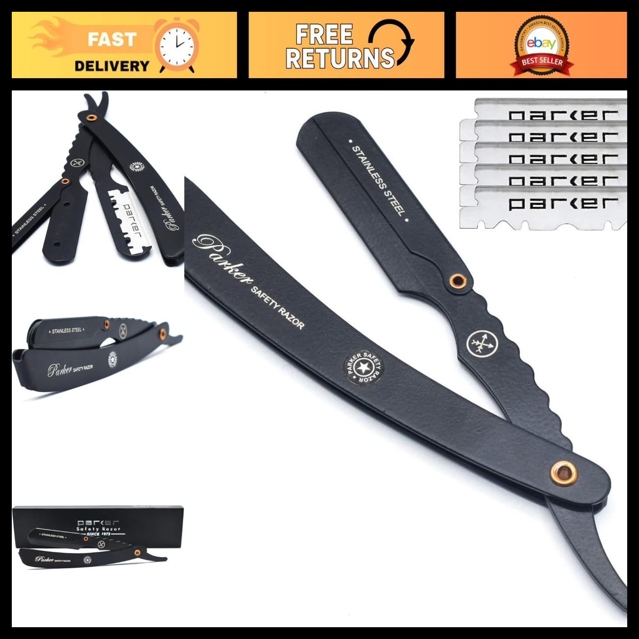 Premium Black Stainless Steel Barber Straight Razor - 5 Blades, Precision Shavin