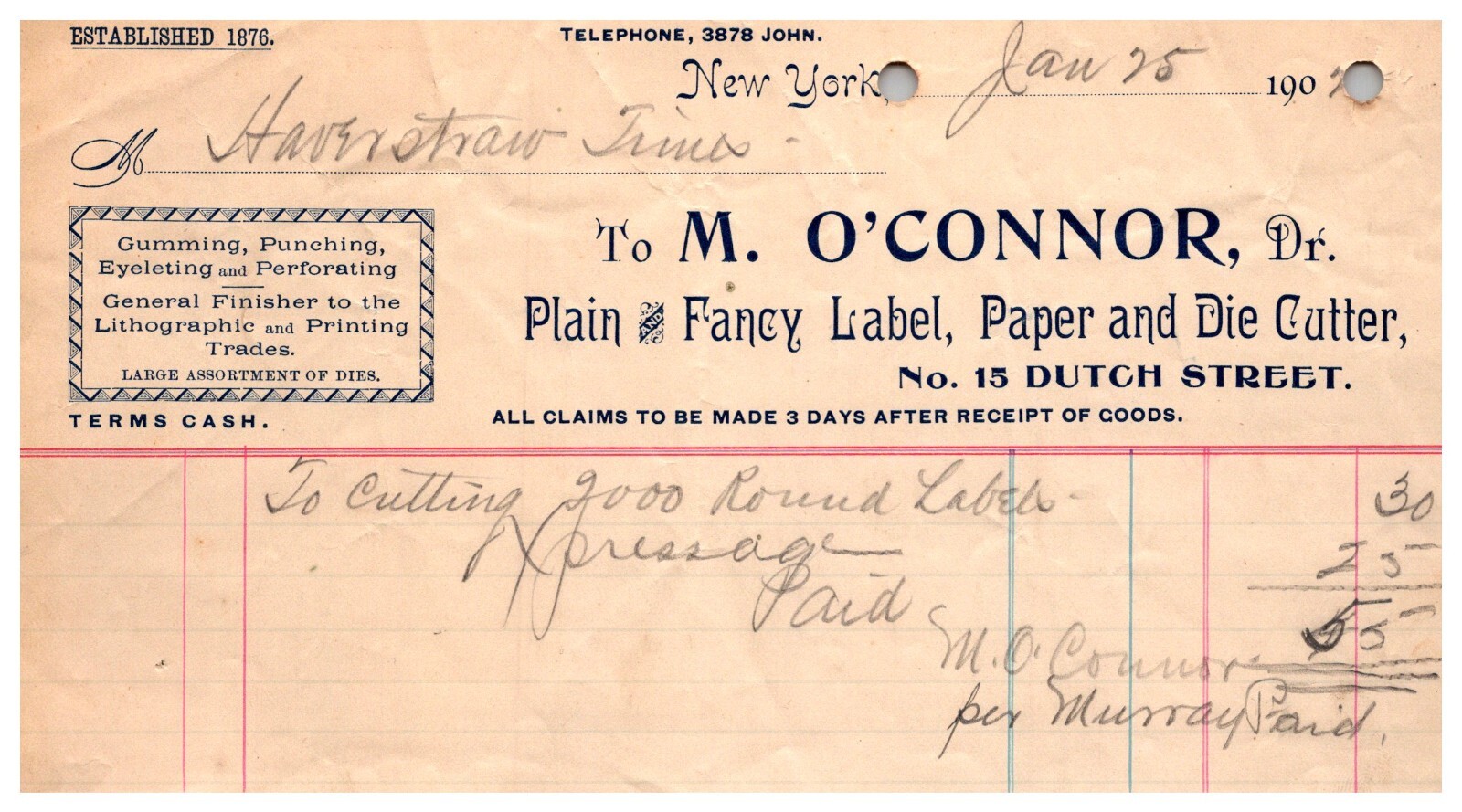 1907 Antique receipt M O'Connor Plain Fancy Label Paper New York NY signed