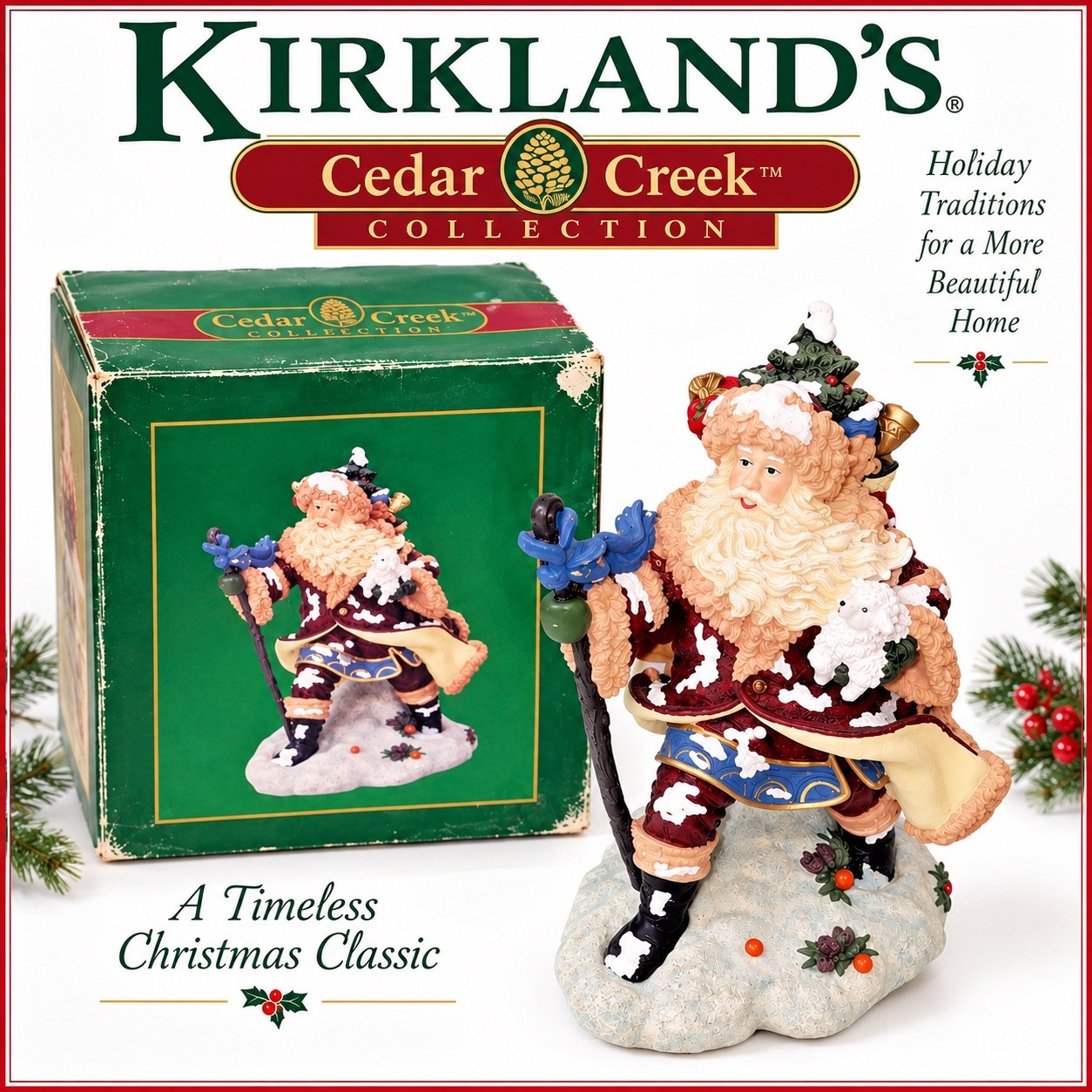 \'KIRKLAND\'s LARGE SANTA FIGURINE CEDAR CREEK SANTA With Toy Bag, 11.5\