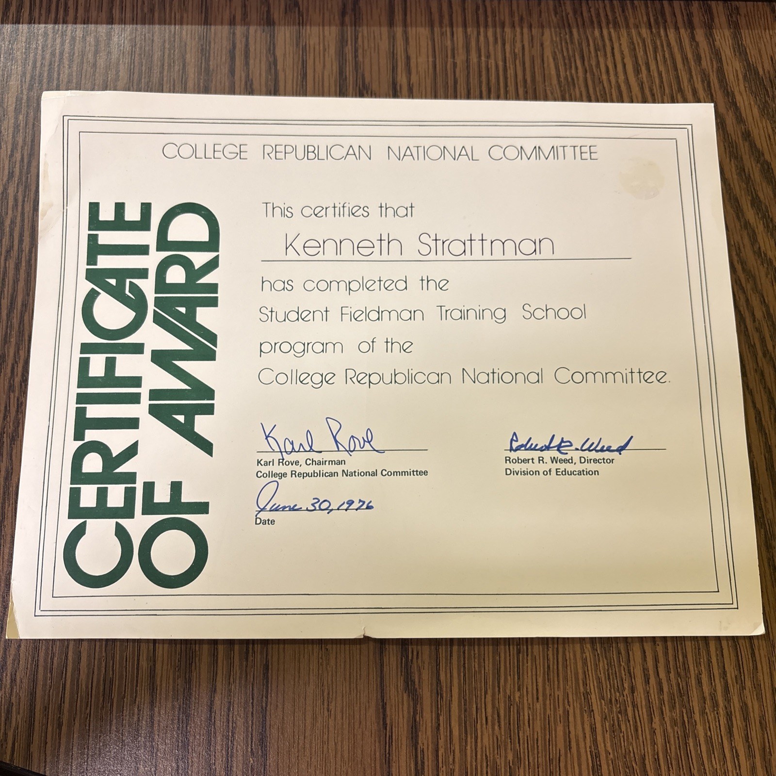 Karl Rove Signed College Republican National Committee Certificate Vintage 1976