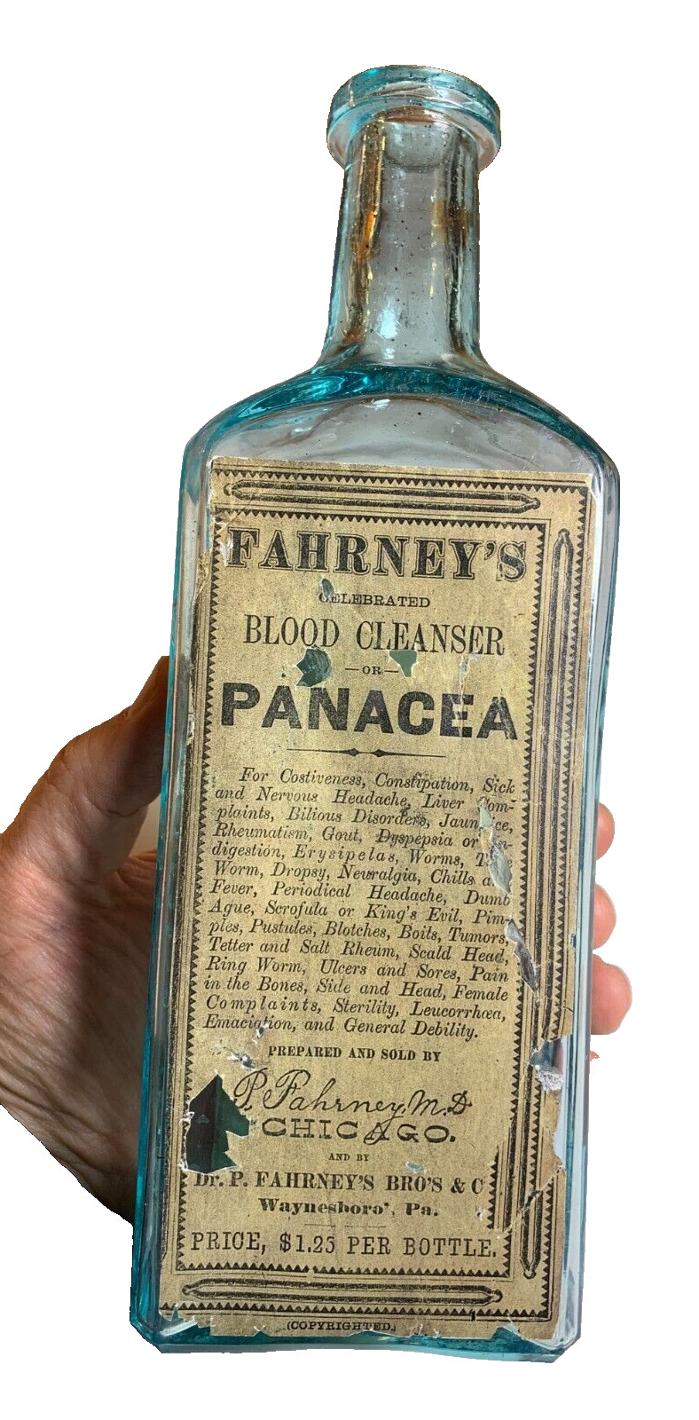 Antique Bottle Labeled FAHRNEY’S CELEBRATED BLOOD CLEANSER CHICAGO Waynesboro PA