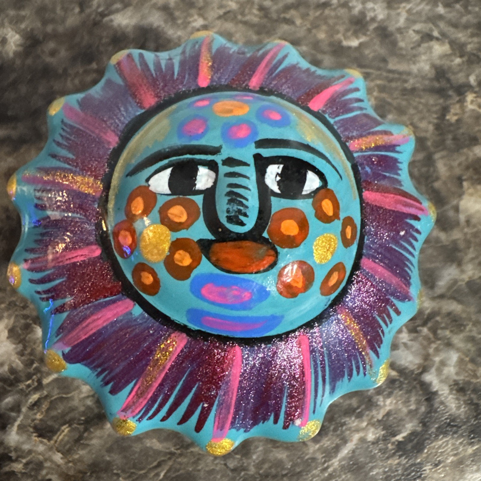 VINTAGE MEXICAN FOLK ART POTTERY SUN FLOWER FACE TRINKET BOX OAXACA CLAY
