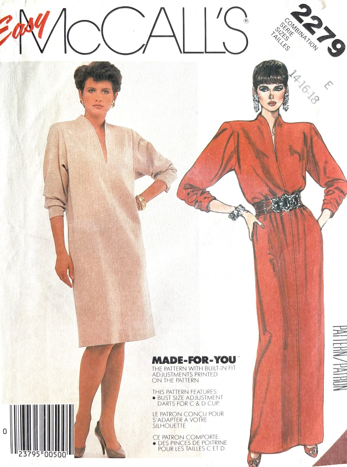 1980's McCall's Misses' Dress Pattern 2279 Size 14-18 UNCUT