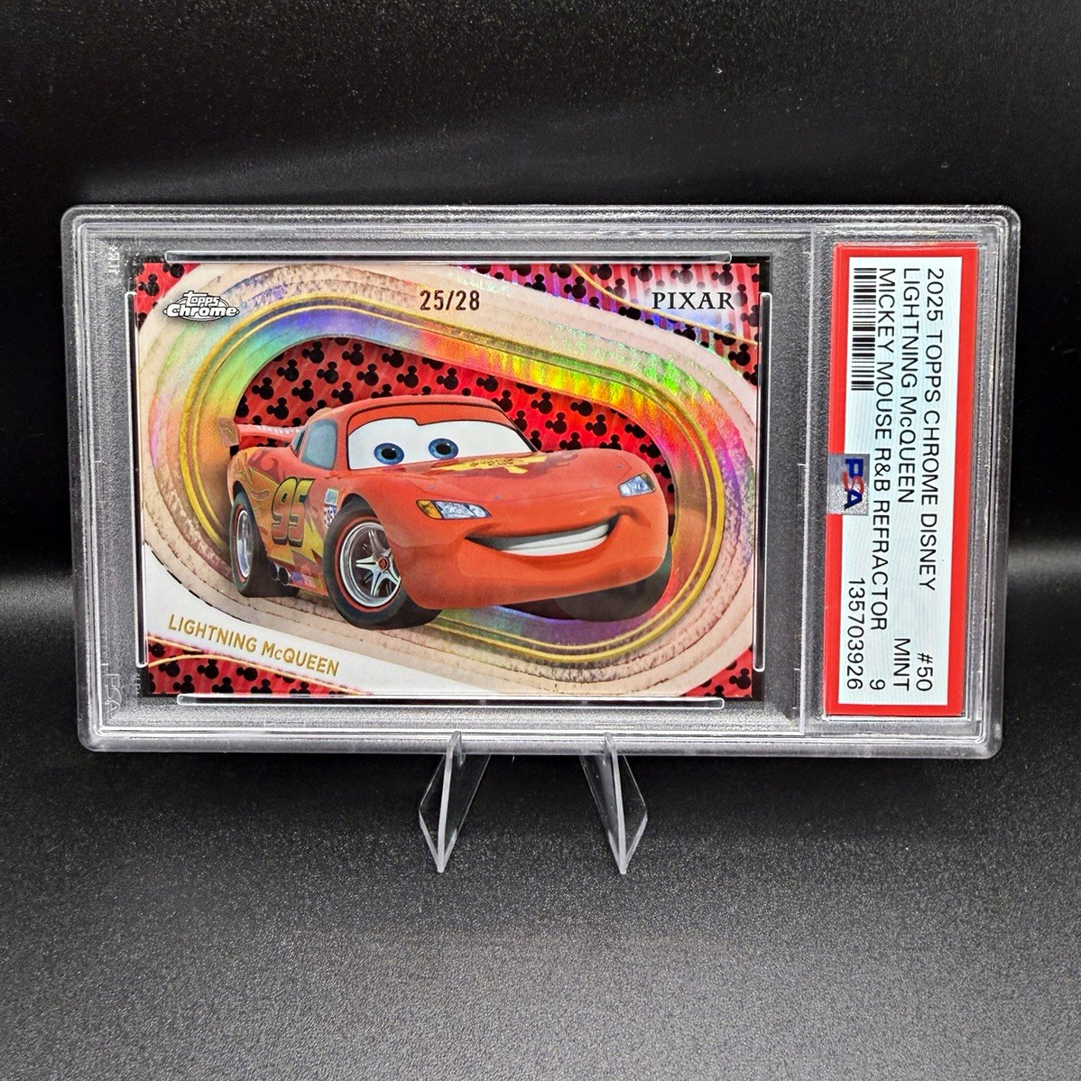 2025 Topps Chrome Disney #50 Lightning McQueen R&B Refractor /28 PSA 9 SSP