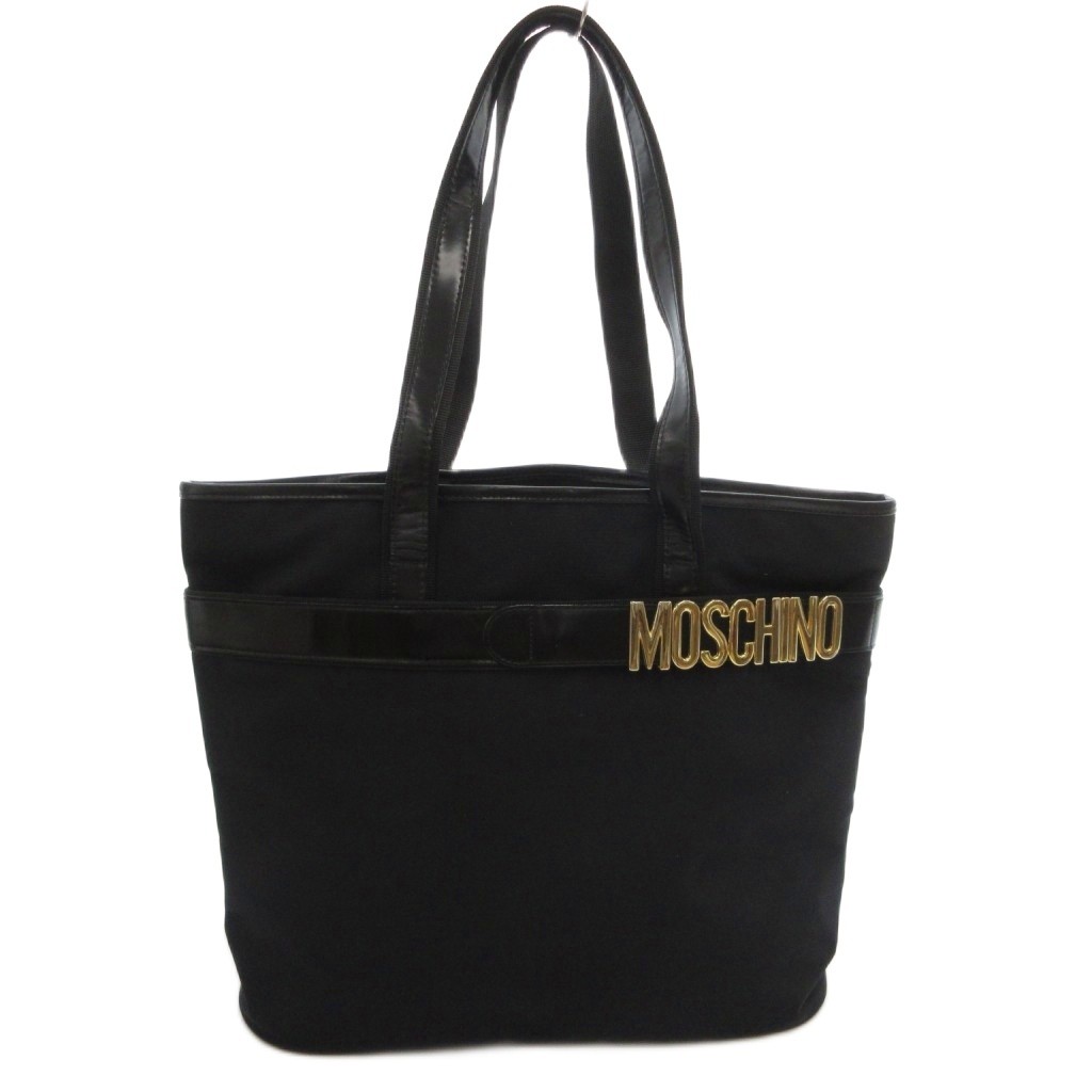 Moschino Black Nylon Leather Tote Shoulder Bag Logo Metal Plate 44cm (Ages 14+)