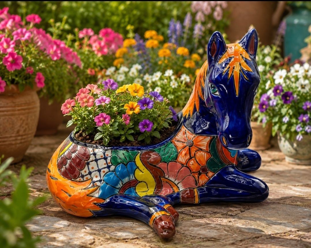 New Artisan Handmade Hand-Painted Talavera Ceramic Horse Planter Statue