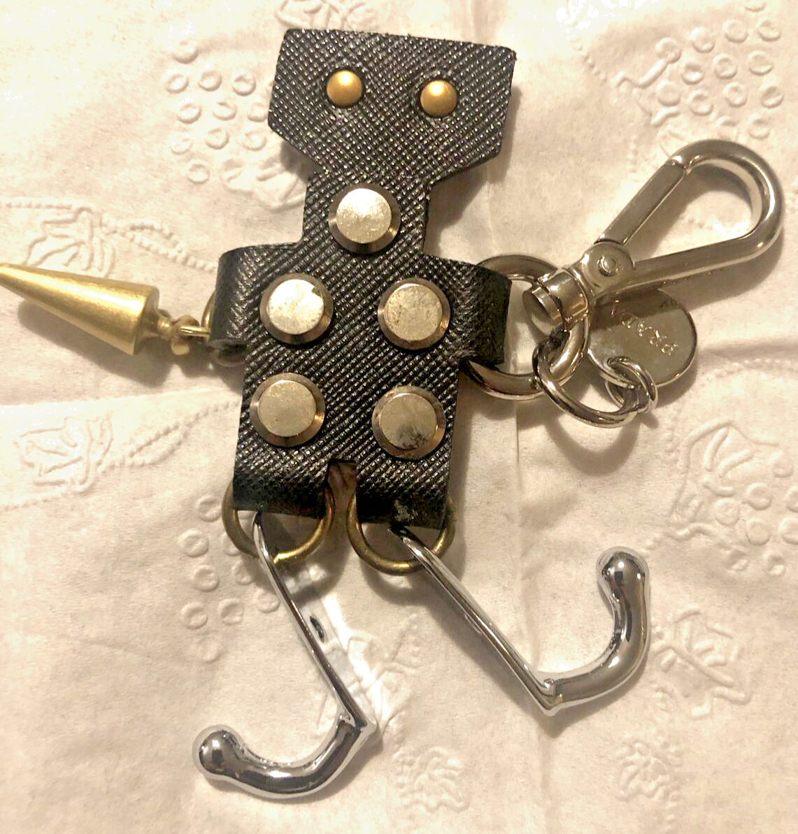 PRADA Black Leather Robot Key Chain With Studs Metal Work In Silver and Brass