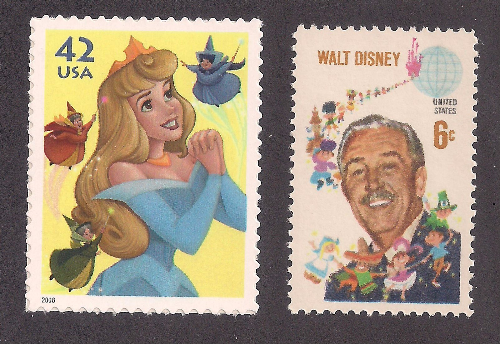 SLEEPING BEAUTY PRINCESS AURORA + 1968 WALT DISNEY - 2 STAMPS - MINT CONDITION