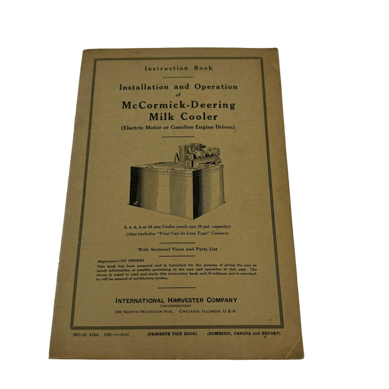 Vintage 1937 McCormick Deering Milk Cooler Instruction Book Operation Manual