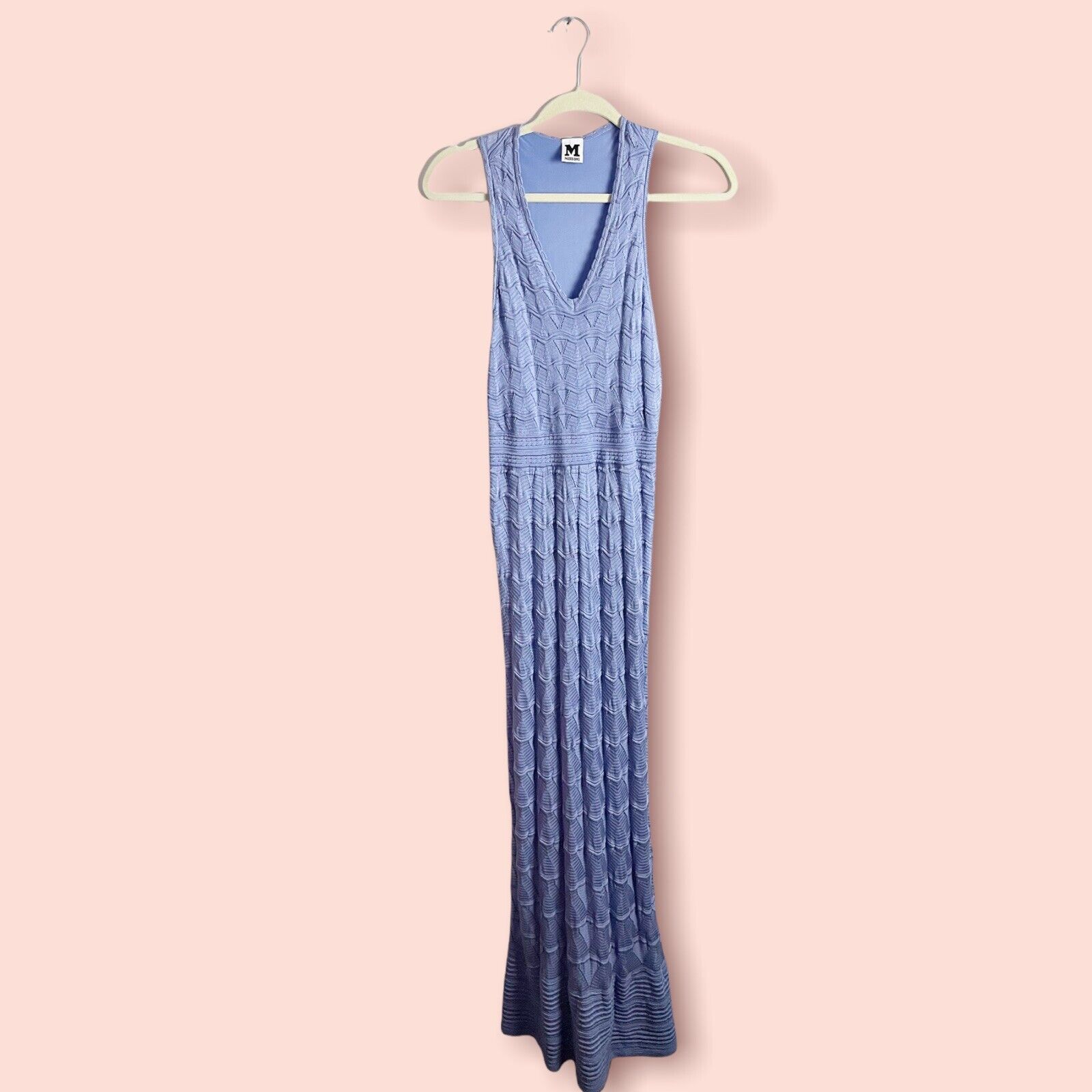 M by Missoni Lurex Pointelle Knit Maxi Dress V-Neck Light Blue Size 4