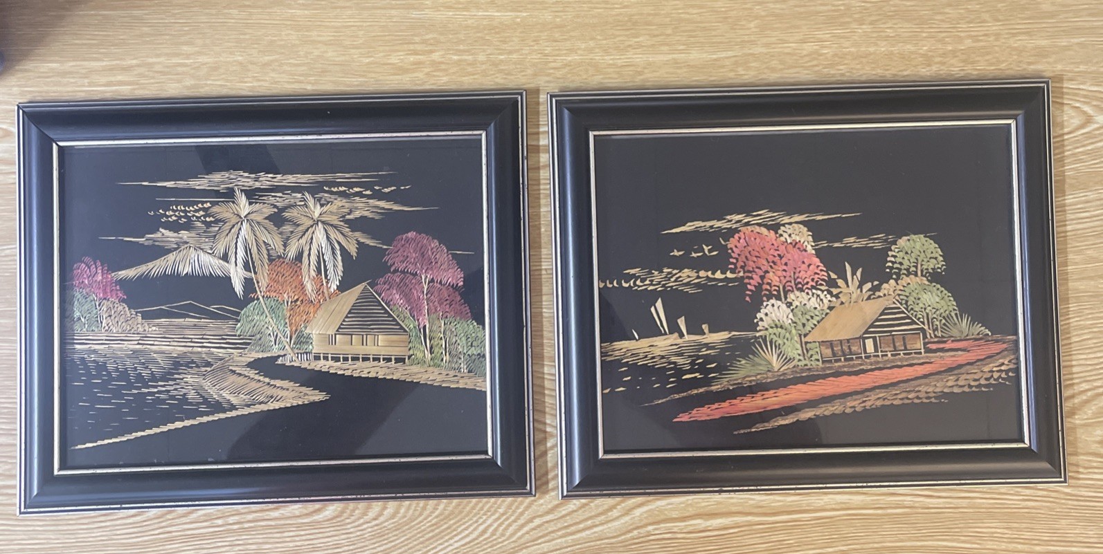 Pair Vintage Mid Century Rice Straw Art Framed Asian Tropical Landscape Set 2