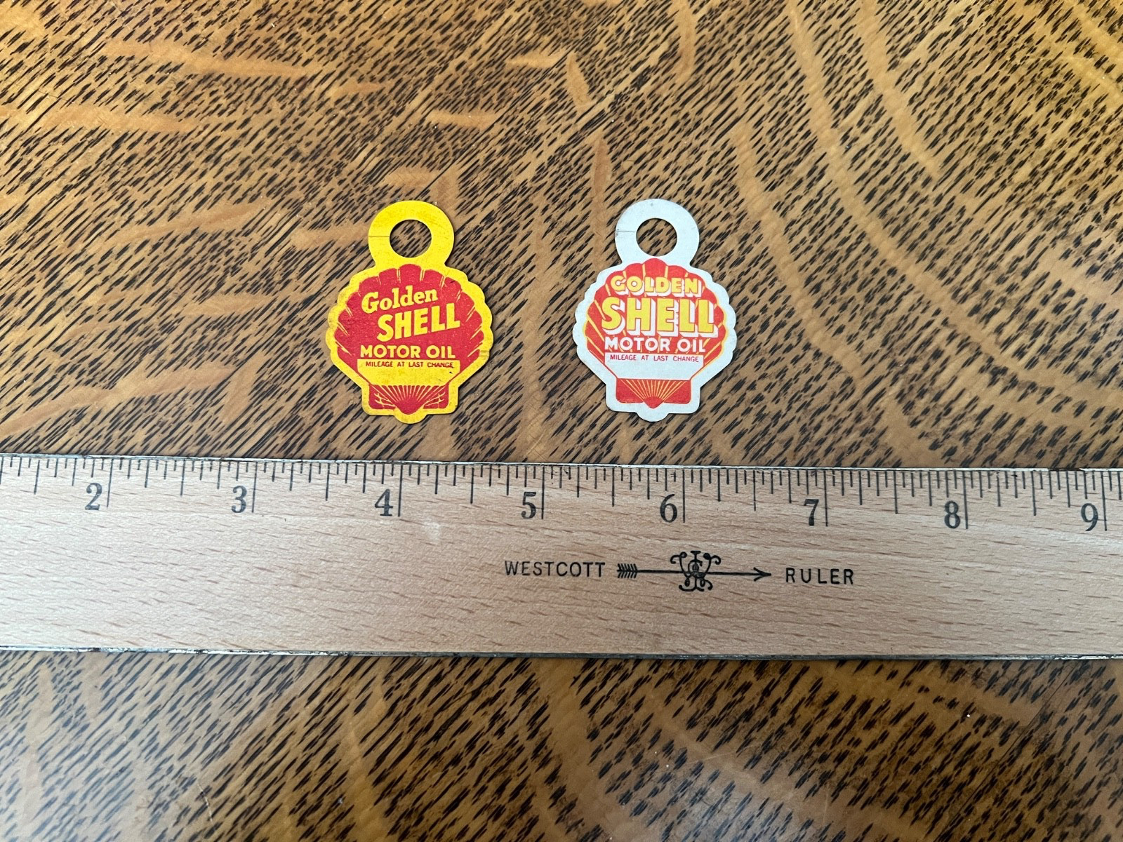 VINTAGE - GOLDEN SHELL MOTOR OIL - UNUSED  PLASTIC OIL CHANGE TAGS - 2 DIFFERENT