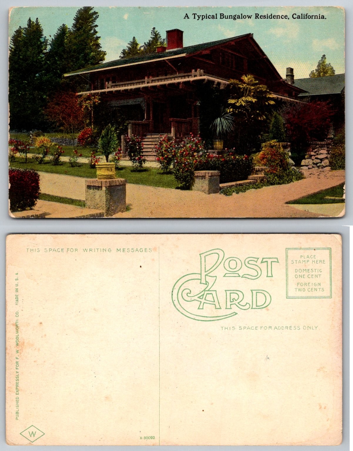 Vintage California Bungalow Residence Postcard F.W. Woolworth Co. c.1910s