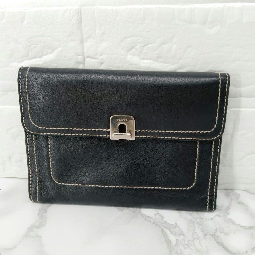 Prada Leather Tri-Fold Wallet Black Stitch Turn Lock