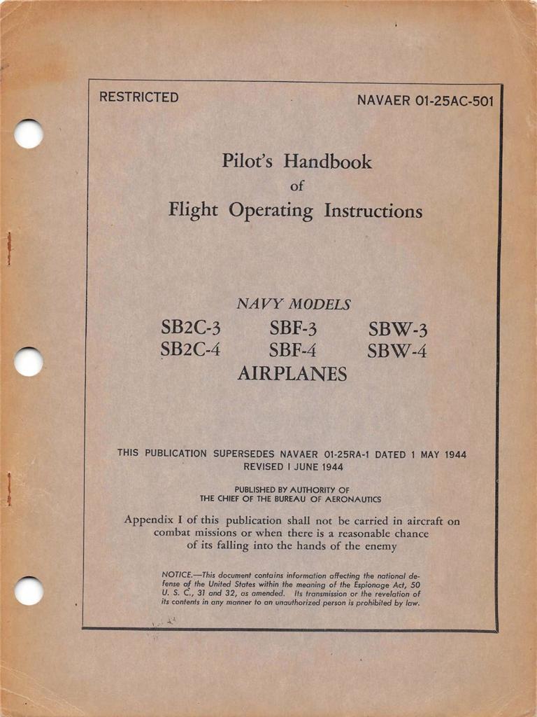 1945 CURTISS SB2C-3,4 SBF-3,4 SBW-3,4 HELLDIVER PILOTS FLIGHT MANUAL HANDBOOK-CD