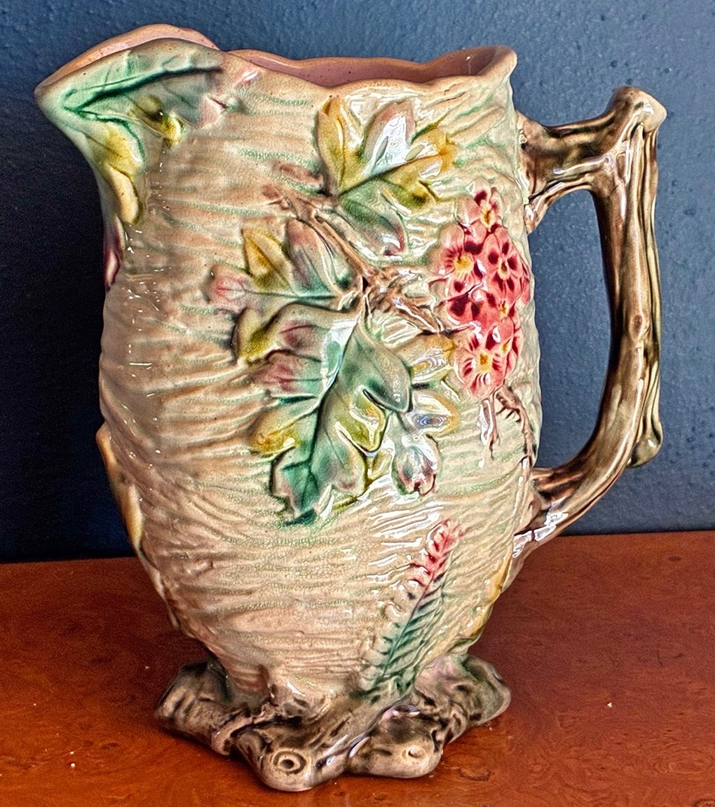 Antique Footed Majolica Pitcher. Unusual & Quite Beautiful.