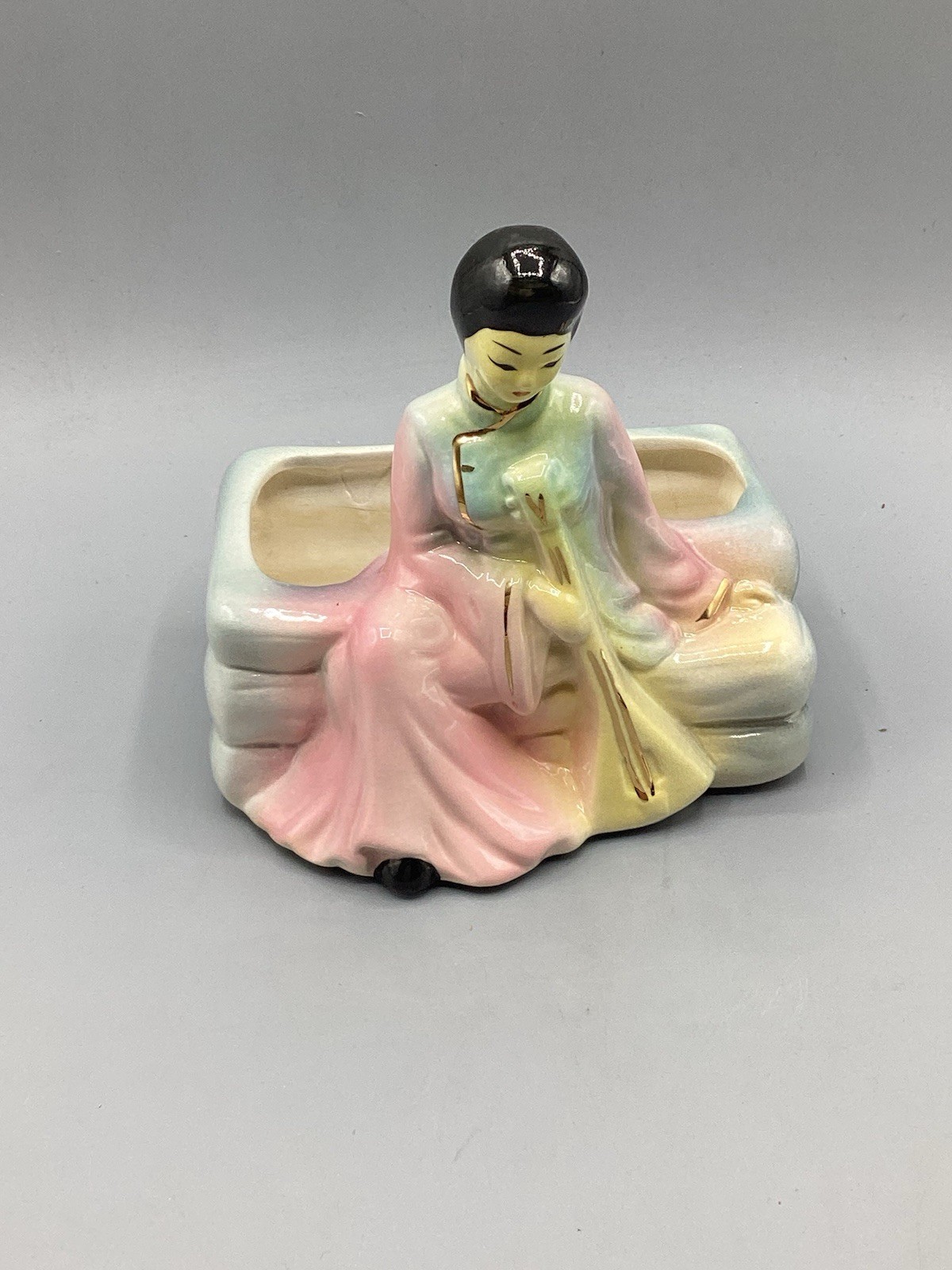 1950-60’s MCM Asian Girl Playing Musical Instrument Planter Pastels