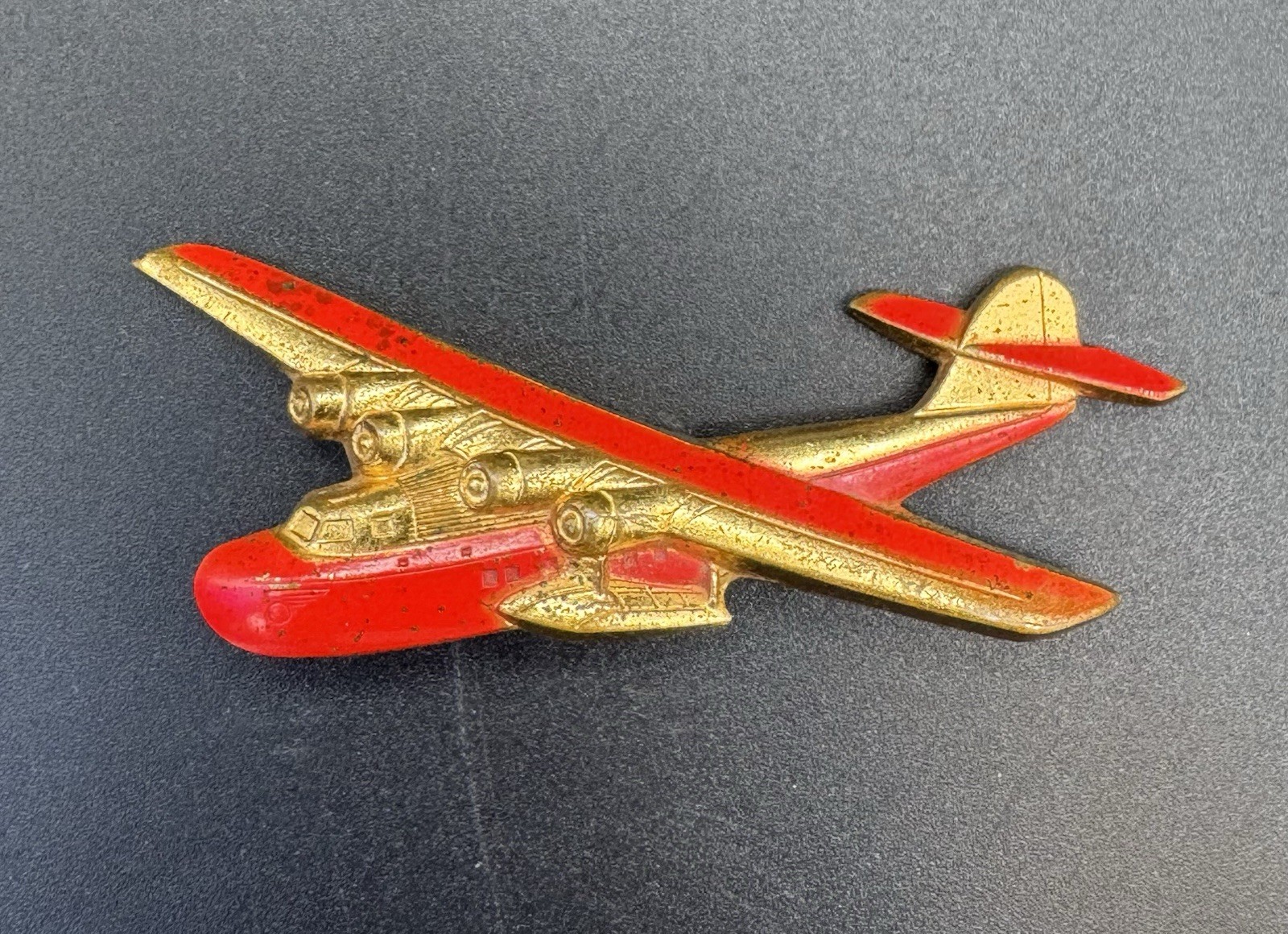 Vintage 1930s Art Deco Pan Am Clipper Airplane Pin Red Gold Details Plane Brooch