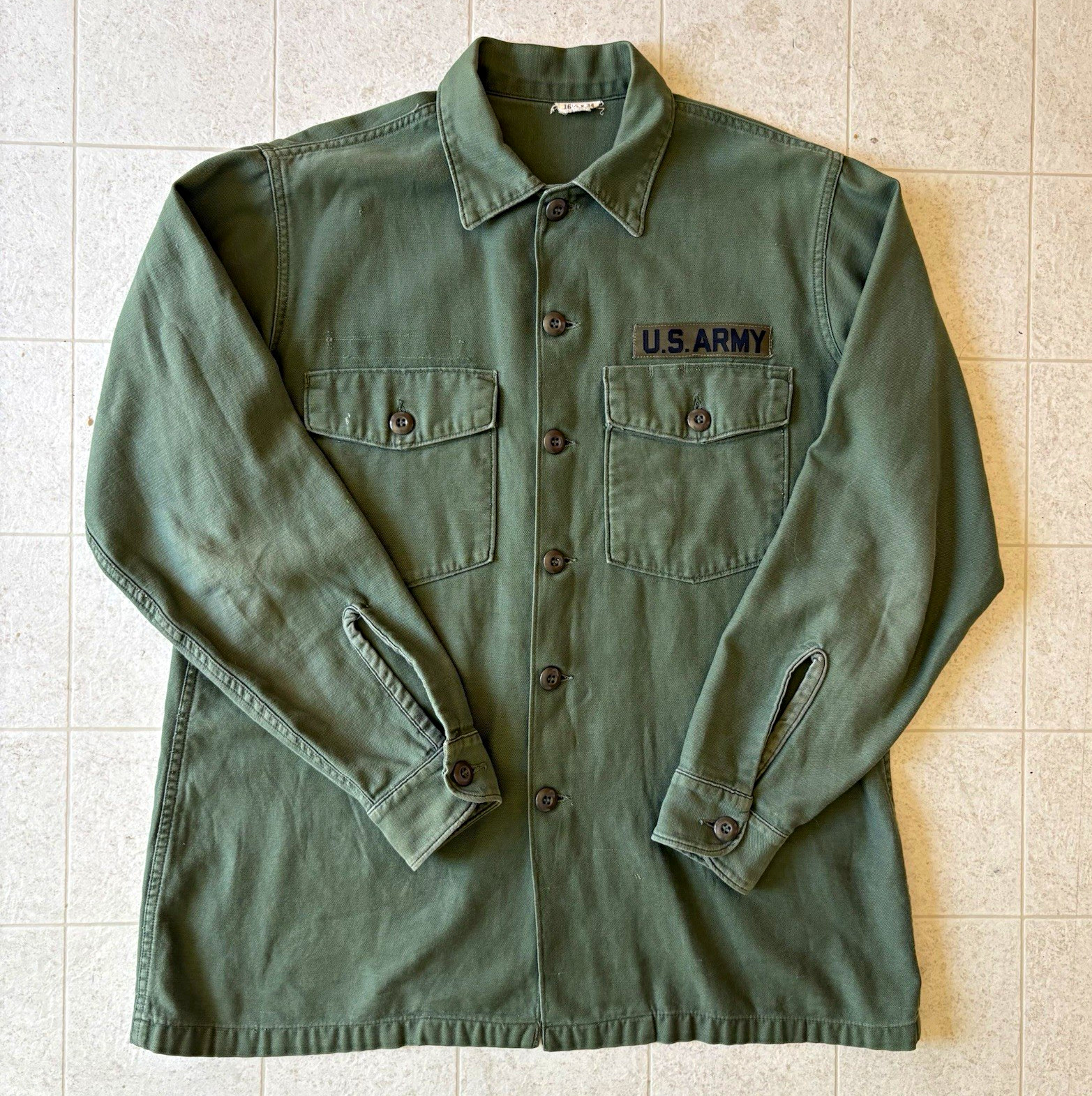 Vintage 1960s Vietnam OG-107 sateen cotton shirt large 16.5x34